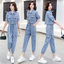 2022夏季新款简约气质减龄翻领个性复古牛仔两件套，女装套装/套裙，魅影