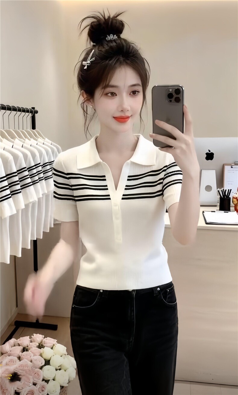 条纹撞色polo针织短袖t恤女夏季设计感弹力短款上衣,商品下架区,乐蒂丝