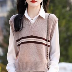 羊毛复古撞色条纹V领针织马甲背心女无袖毛衣学院风打底坎肩潮，女装马甲，哲奥羊绒