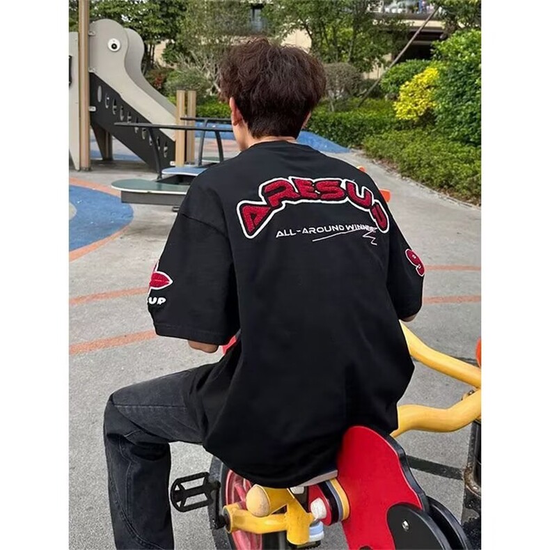 美式高街刺绣字母t恤男装2025新款潮牌夏季宽松情侣款短袖上衣,男装T恤,星座1210-1