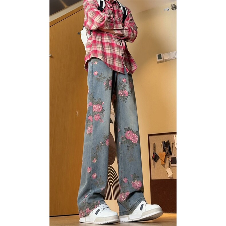 B221 美式ins高街小众桃花宽松直筒牛仔裤 LK24385-特P52控88图片