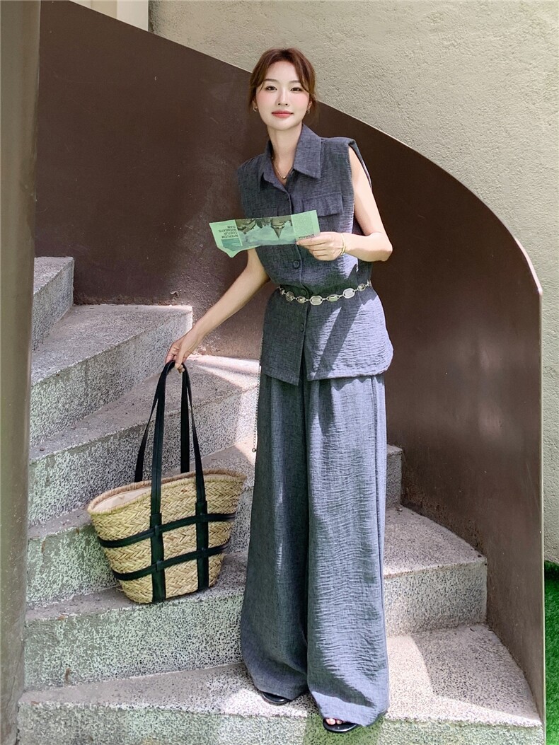 韩系高级感深灰色马甲套装女2025年夏季新款减龄显瘦阔腿裤两件套,女装套装/套裙,蝶眷