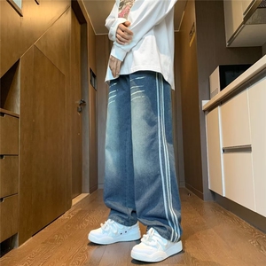 条纹牛仔裤男春季美式高街vibe阔腿长裤潮B8177P45,日系穿搭风格好看吗图片