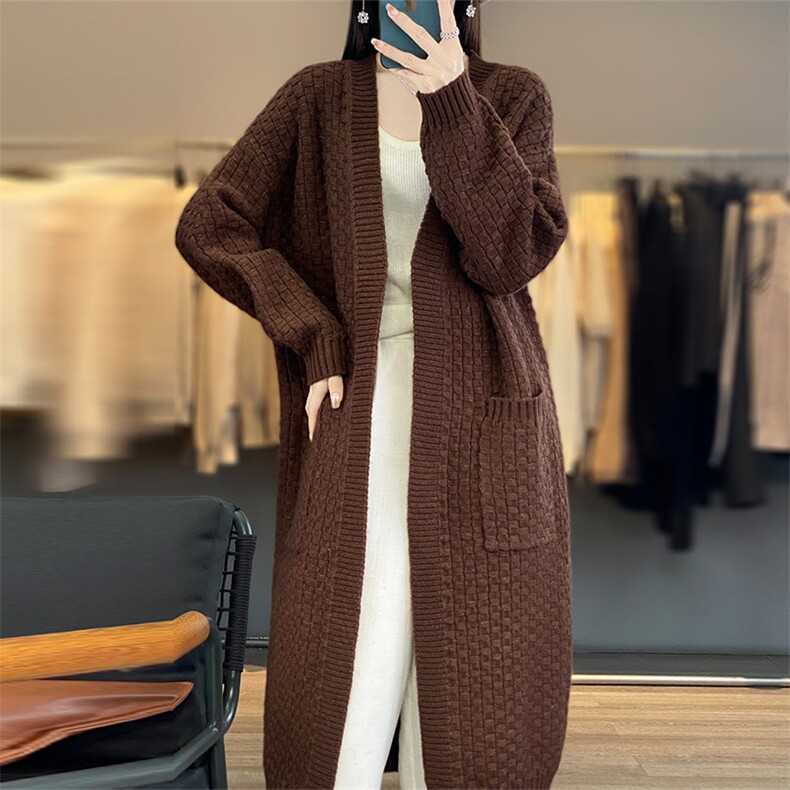 V领提花中长款100%纯羊毛开衫女系带腰带外套毛衣宽松羊绒衫外搭,女装羊毛衫,琳华羊绒