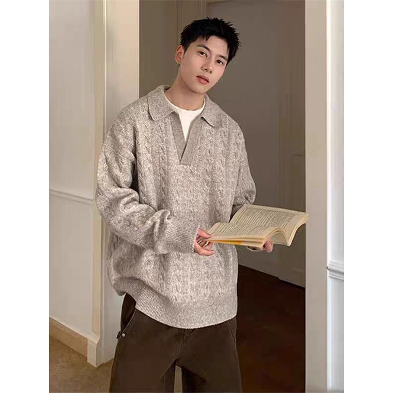 美拉德色系慵懒风假两件毛衣老钱风双层领翻领/圆领套头针织毛衣，男装针织衫/毛衣，四季星座505