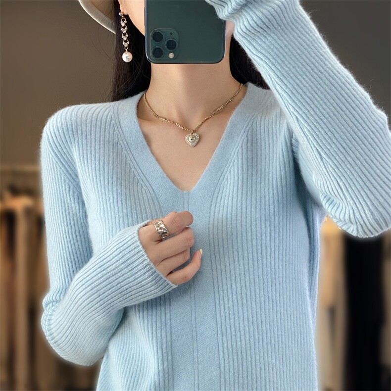 羊毛毛衣女V领修身显白短款2024年新款秋冬季内搭打底,女装羊毛衫,鹿一羊绒