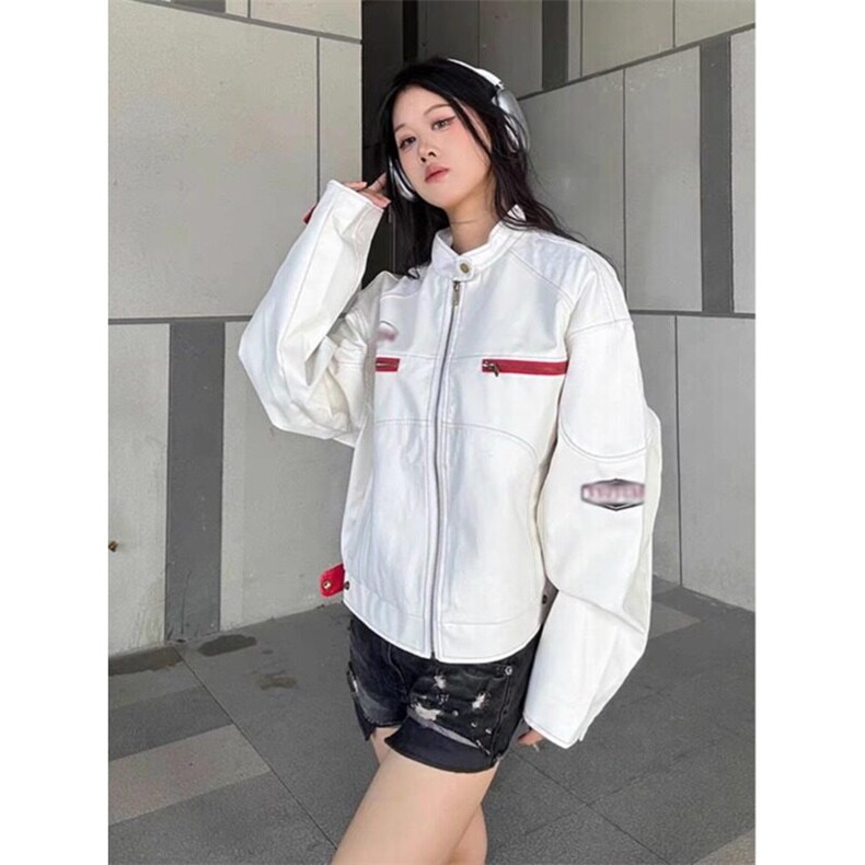 白色短款皮衣外套美式穿搭高级感机车夹克棒球服JK158特P67,男装夹克,星座908-1