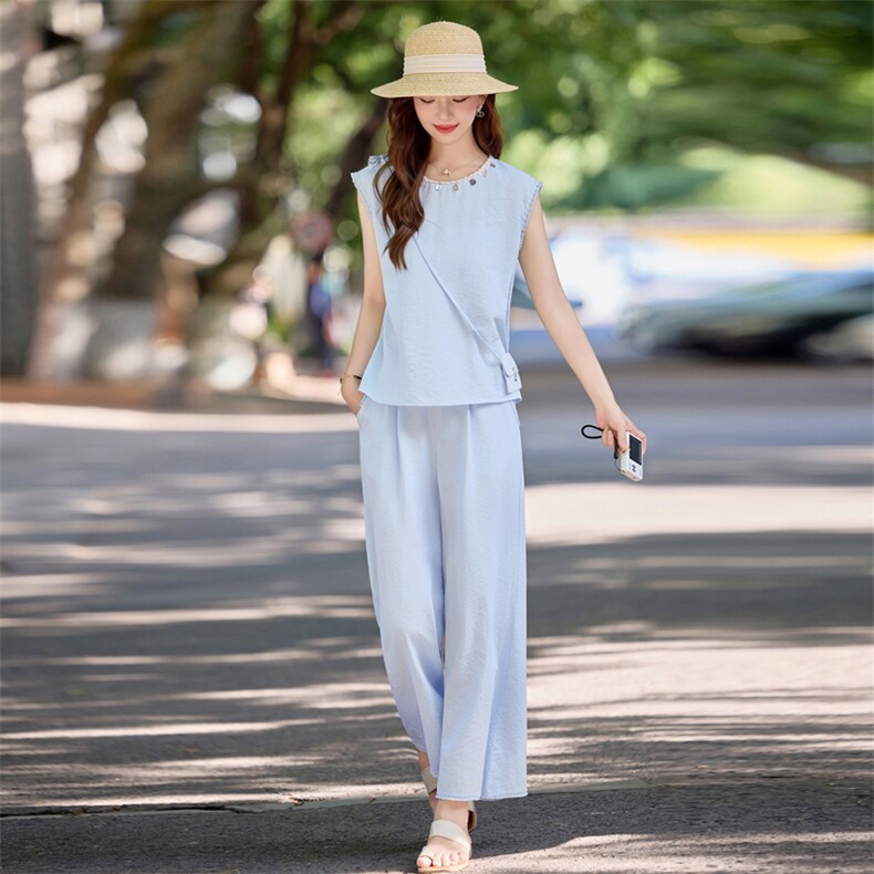 【现货】2025年夏季新款棉麻休闲气质收腰显瘦贝壳阔腿裤套装,女装套装/套裙,辉煌依升