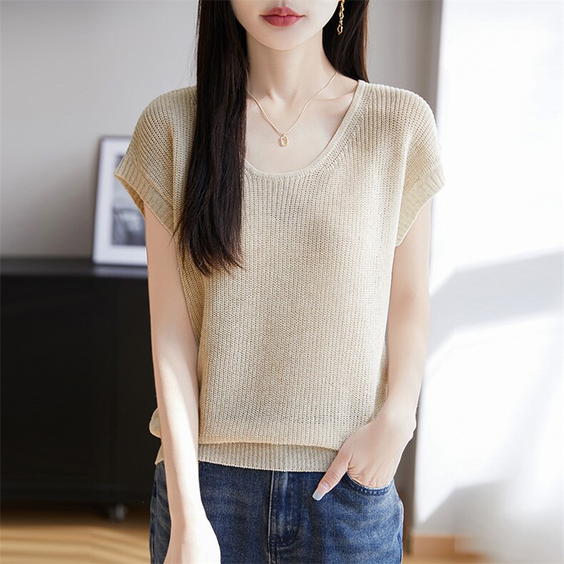 针织短袖女2025夏季时尚薄款上衣高级感超好看半袖天丝亚麻T恤衫，女装背心吊带，朝思羊绒