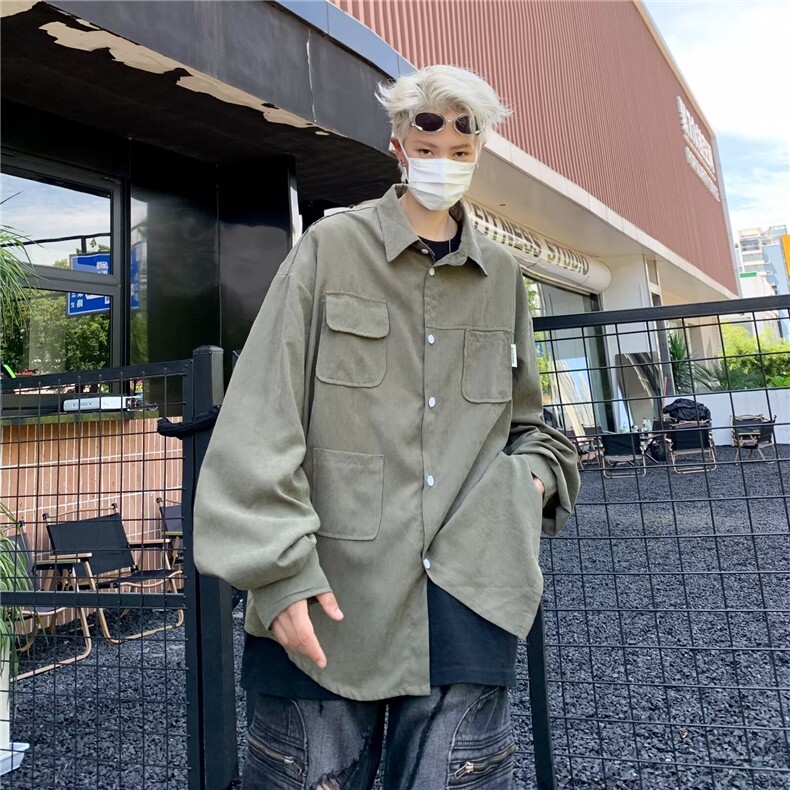 日系男装春秋复古质感多口袋工装衬衣大地色中性长袖衬衫男 C113图片