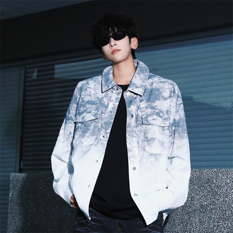渐变印花衬衫男士春秋长袖新款青年扎染休闲宽松夹克外套S805-P55图片