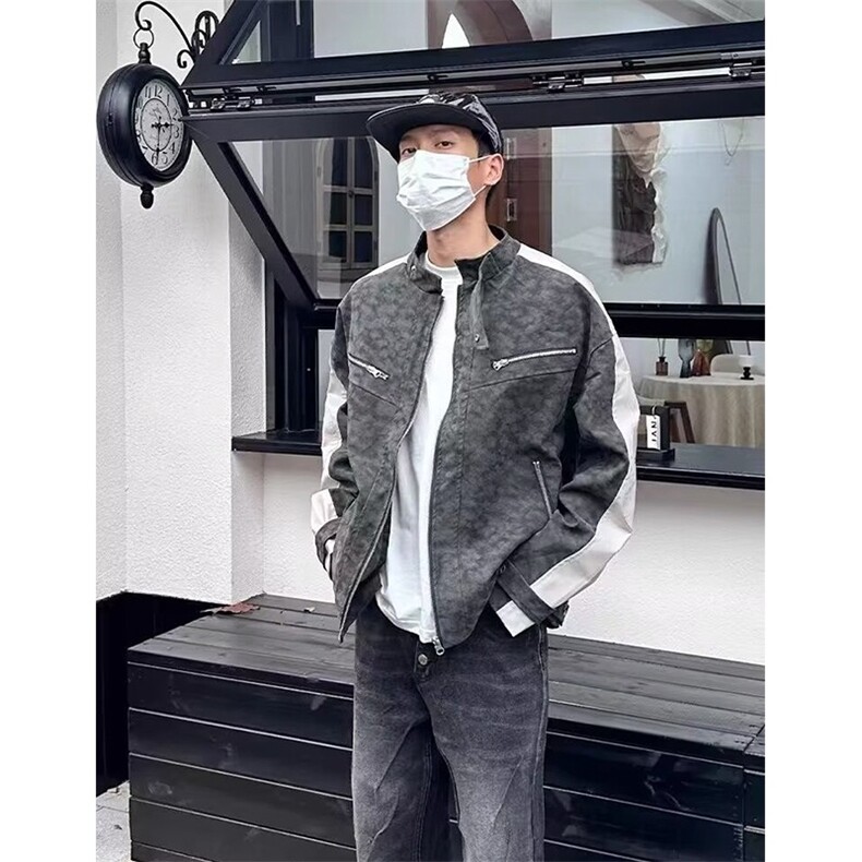 扎染拼皮垫肩立领机车夹克男秋冬新款美式复古痞帅高级感情侣外套,男装夹克,星座813-2