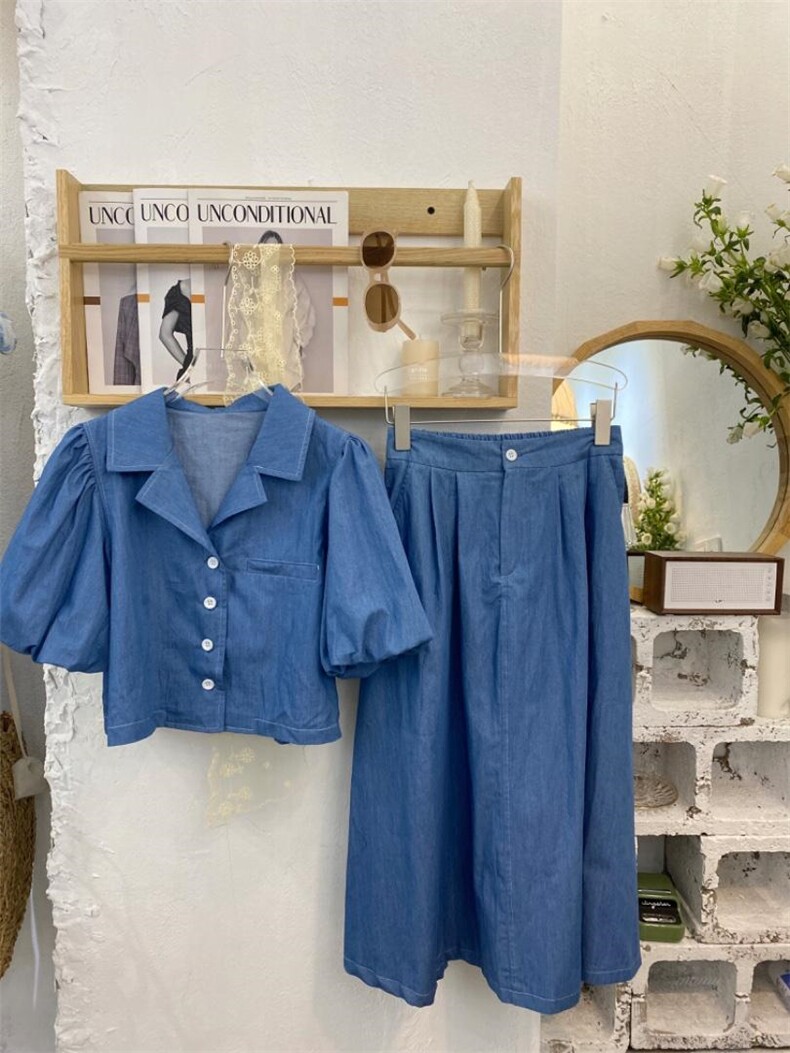 洗水棉牛仔色复古套装，女装职业装，Mu Mu