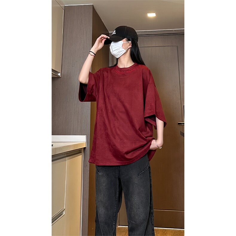 港风大码日系复古麂皮绒宽松套头圆领短袖T恤XZ213-T061-P35控48,男装T恤,星座213