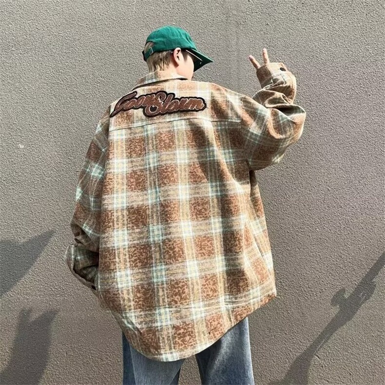 美式刺绣格子衬衫外套男秋季拉链复古氛围感夹克设计感CS901/P58,男装夹克,星座506