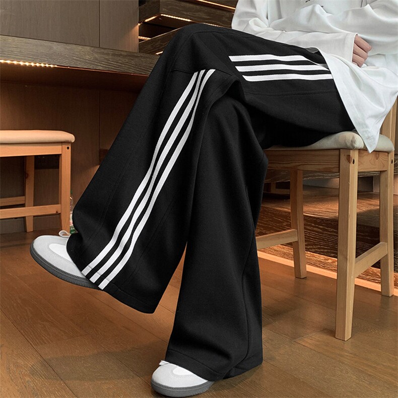 条纹直筒裤男秋季慵懒风撞色拼接设计感弯刀卫裤复古宽松显瘦长裤，男装休闲裤，电商A007