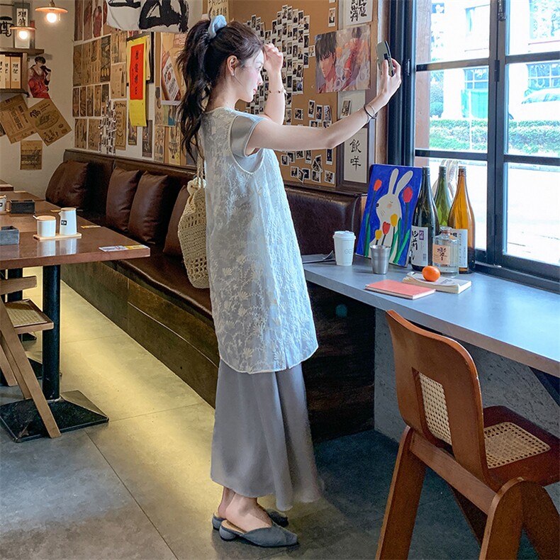 法式蕾丝绣花背心套装裙女2025夏季新款甜美减龄T恤半身裙三件套,女装套装/套裙,浙宝305