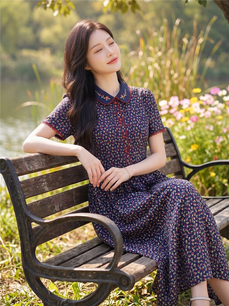 田园风碎花刺绣连衣裙女春夏收腰显瘦中长裙,女装连衣裙,水衣源