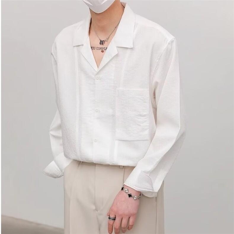 韩版轻奢古巴领长袖衬衫男肌理感慵懒风简约高级休闲百搭衬衣外套，男装衬衫，星座1210-1