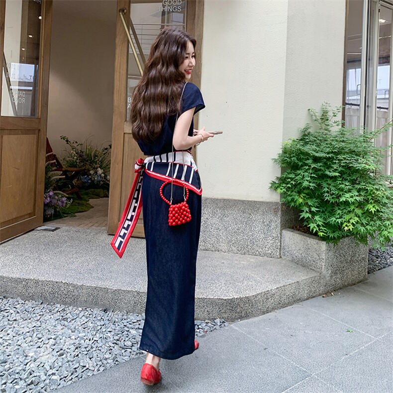 高级感复古气质连衣裙女2205夏季新款御姐风丝巾系带收腰显瘦长裙,女装套装/套裙,2C301