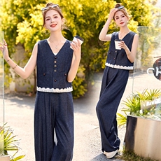 时尚蕾丝拼接牛仔马甲套装女2025年夏季新款洋气减龄阔腿裤三件套，女装套装/套裙，伊仟回