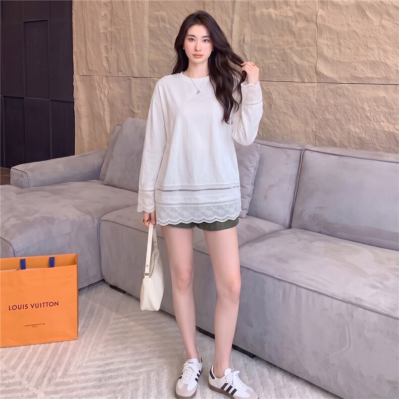 高级感时尚潮流套装女夏季款宽松圆领镂空花边上衣牛仔短裤两件套,女装套装/套裙,江南