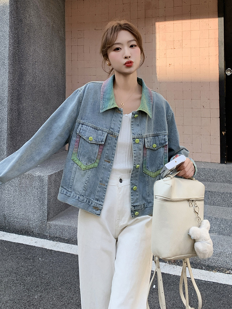 促销2025春季时髦休闲潮流气质宽松百搭彩色翻领单排扣牛仔短外套,女装牛仔外套,蝶眷