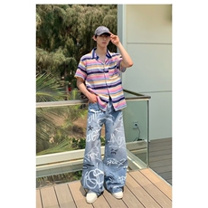 美式2025春新款今年流行高腰宽松米奇涂鸦印花弯刀阔腿牛仔裤，男装牛仔裤，星座506A
