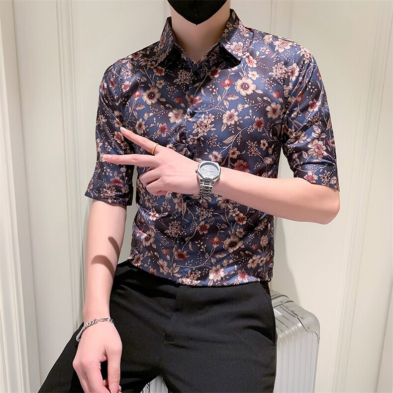 店主风社会小伙男士修身印花中袖衬衫男休闲衬衣301A-1/CS386/P55,男装衬衫,星座301A-1