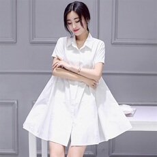 白衬衫女长袖休闲2021春夏装新款韩版中长款宽松短袖遮肉显瘦衬衣，女装衬衫，红依娜