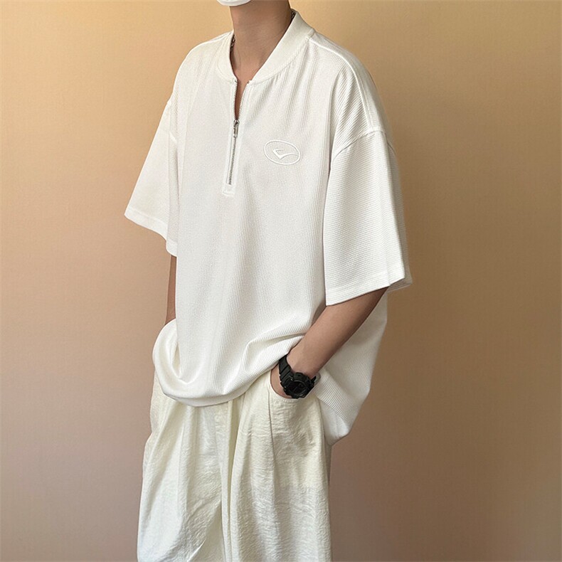 现货-夏季新品半拉链华夫格短袖男潮牌百搭宽松T恤-AT23008-P55,男装T恤,电商A351