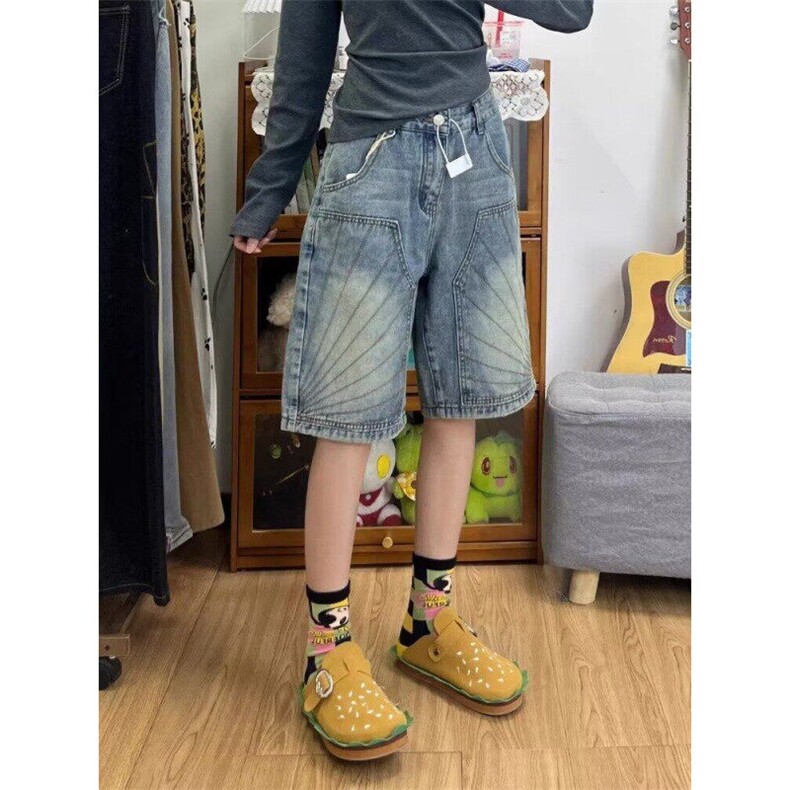 大码美式复古水洗做旧设计感牛仔短裤女高街直筒宽松阔腿五分裤潮,男装牛仔裤,星座601-1
