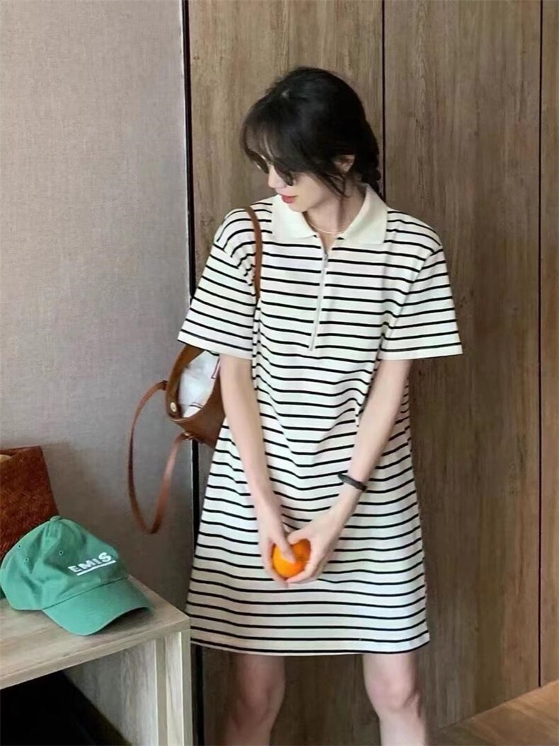 条纹翻领连衣裙，女装连衣裙，依多坊