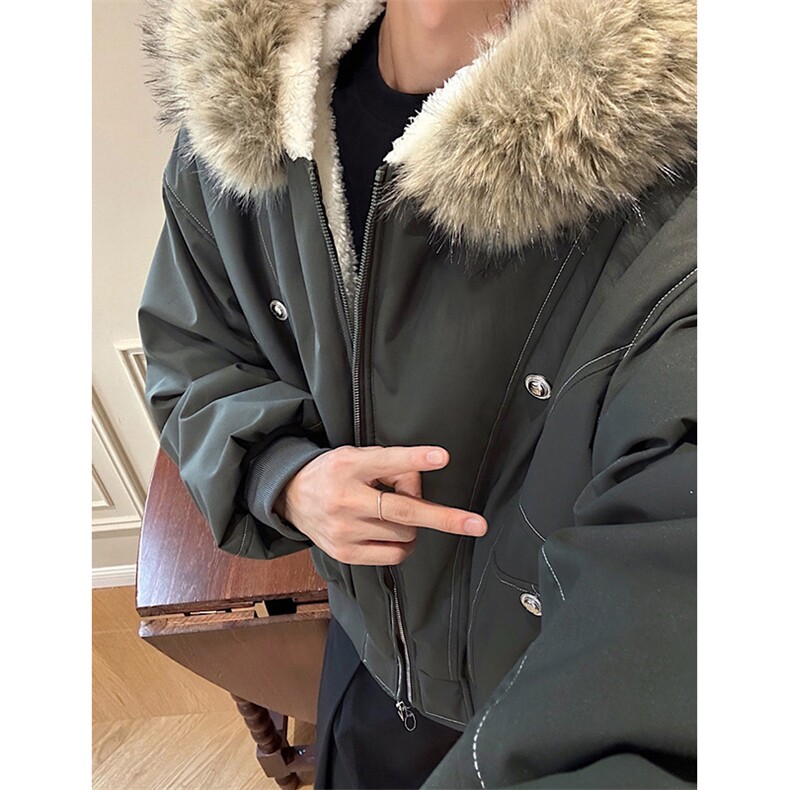 现货重磅boxy短款棉衣座山雕大毛毛领男女棉服水洗工装厚外套,男装棉衣,电商A486-1