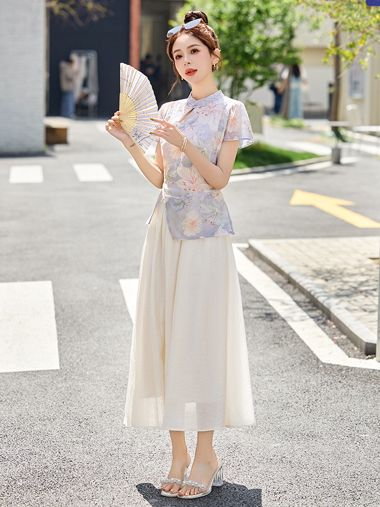 2025夏季新款新中式风禅意复古盘扣上衣碎花半身裙女,女装连衣裙,布芭啦