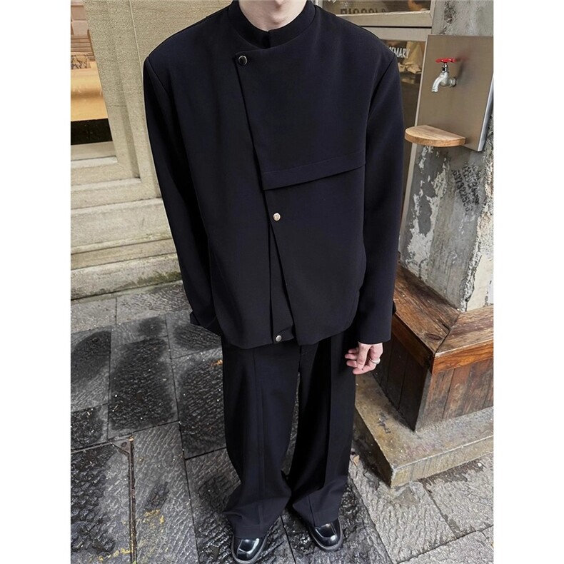 春季新中式垫肩斜门襟西服外套男解构设计感痞帅立领夹克JKXX35,男装西服,星座516A