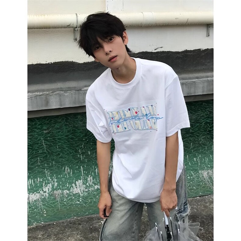 万针全刺绣工艺抖音得物高品质260克重磅纯棉双纱美式高街短袖T恤,男装T恤,电商A486