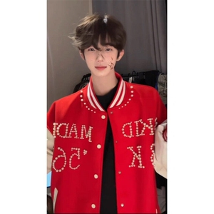 数字款 珍珠红色棒球服撞色夹克外套JK0116-1-P105图片