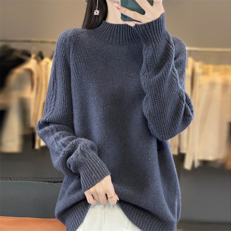 秋冬100%纯羊毛衫女半高领提花加厚亮丝针织毛衣宽松保暖羊绒上衣,女装羊毛衫,忠诺羊绒