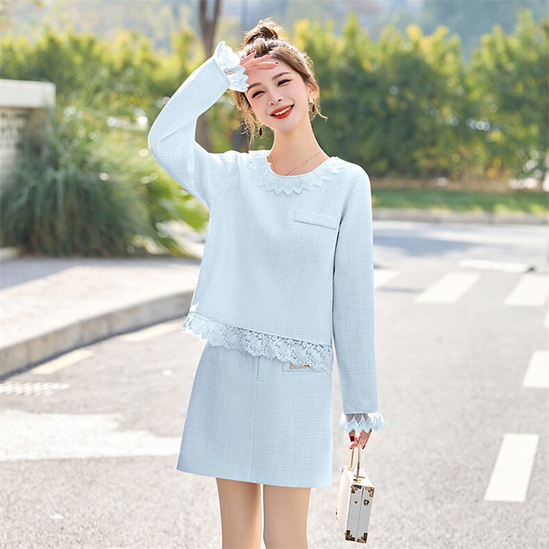 套装女春季大码杭派圆领拼接蕾丝花边小香风优雅气质宽松两件套，女装套装/套裙，美静678