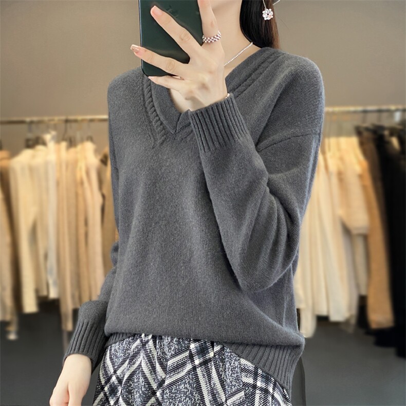 长袖V领套头纯色2024年秋季羊毛针织衫，女装羊毛衫，羿纯羊绒
