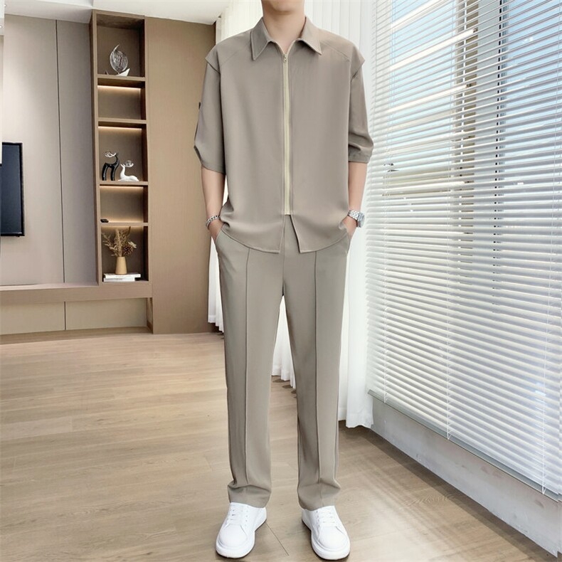 2025夏季新款套装高级感冰丝短袖衬衫休闲透气上衣长裤两件套,男装休闲套装,星座1206（原A206）
