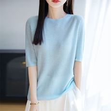 鱼骨纹中袖针织衫女25春夏新款洋气修身显瘦五分袖打底衫内搭上衣，女装针织衫/毛衣，暖烁羊绒
