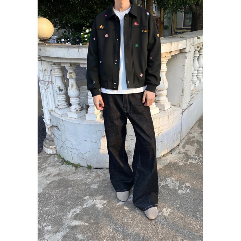 潮牌花卉刺绣外套男2025秋季新品翻领情侣复古百搭卫衣工装夹克,男装夹克,星座506A