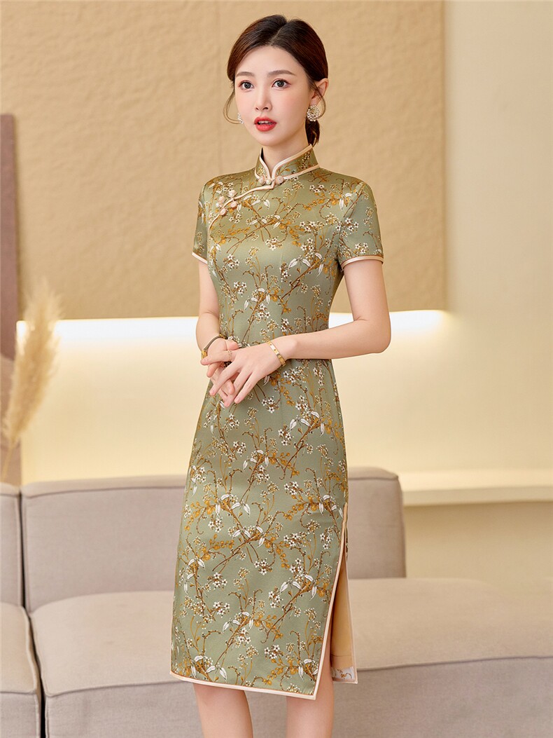 杭州品质真丝中长裙复古印花连衣裙女春夏日常修身潮流真丝旗袍,女装汉服/婚纱/旗袍/礼服,小荷流