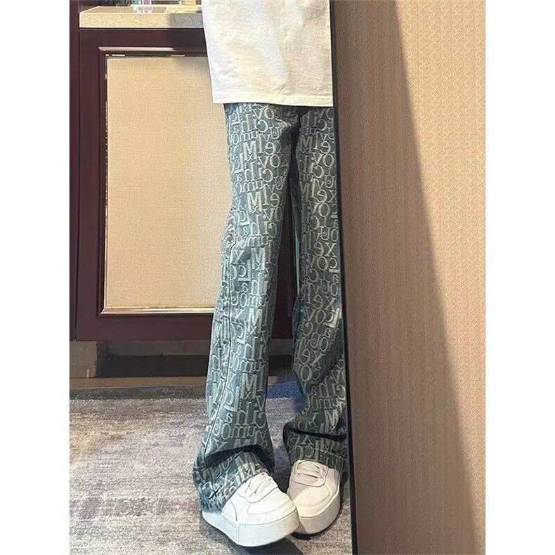 美式复古满印牛仔裤男新款设计感潮牌情侣弯刀微喇裤子LT6800-P47,男装牛仔裤,星座1008
