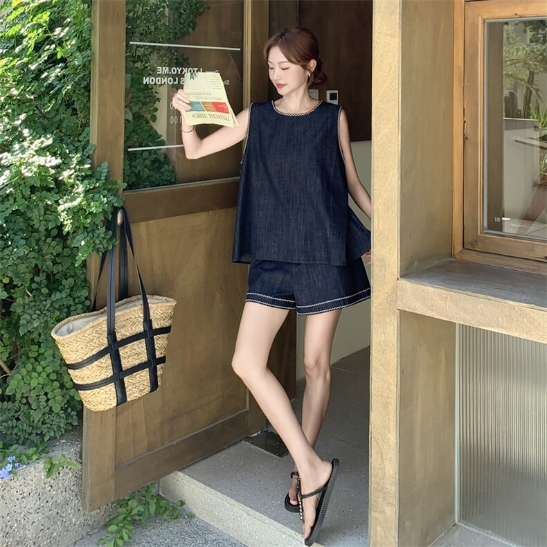小个子复古松弛感牛仔套装女2025夏季新款简约圆领背心短裤两件套,女装套装/套裙,2C159