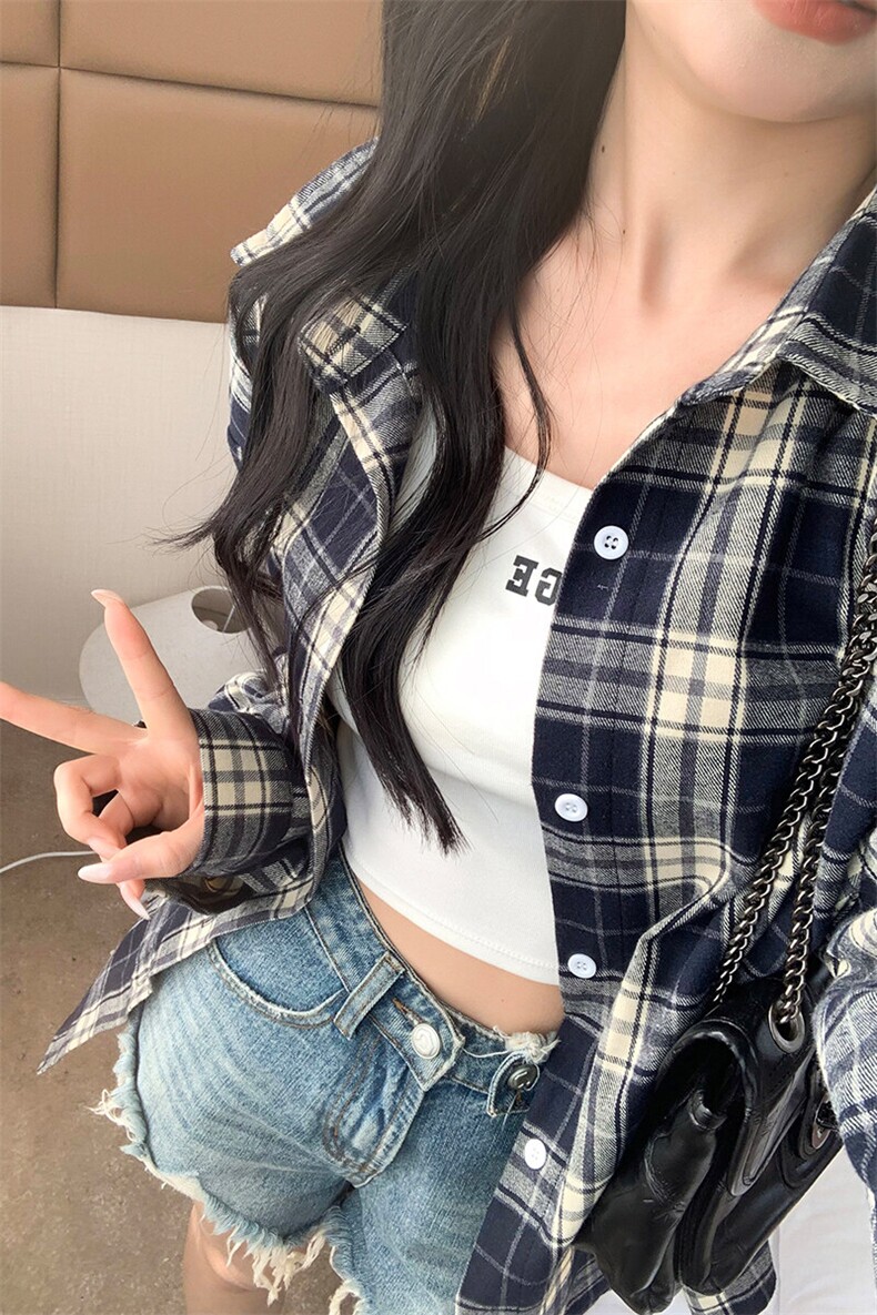 特批P30无差价2025春时尚格子翻领长袖衬衫男女中性潮流衬衣C5450,男装衬衫,电商A001-1
