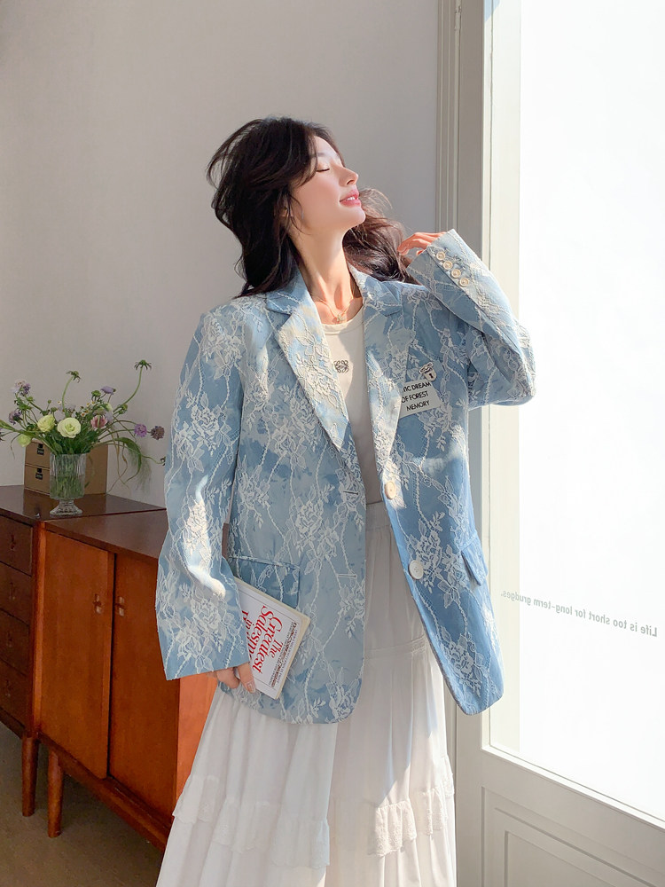 设计感蕾丝拼接西装外套女2026春季新款韩系超好看时尚减龄小西服,女装西装,浙宝128A