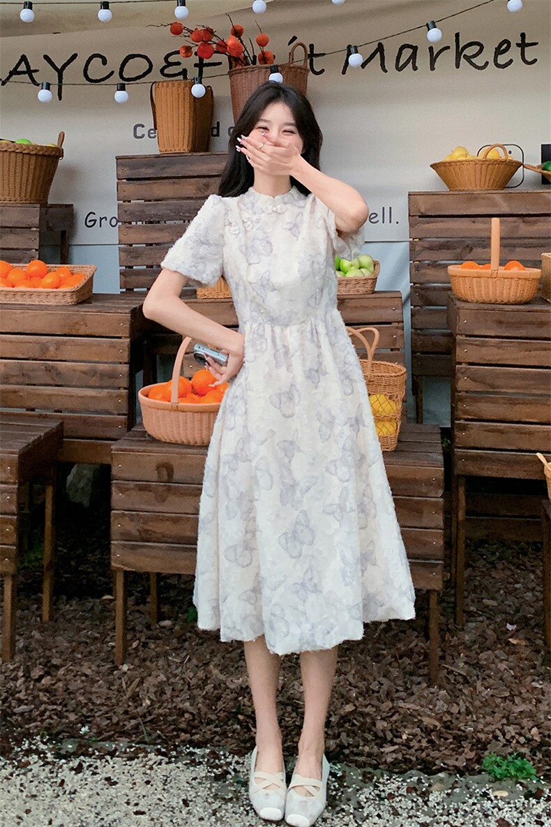 新中式改良旗袍连衣裙女夏2024新款轻国风复古蝴蝶印花显瘦裙子,女装连衣裙,姿衣轩
